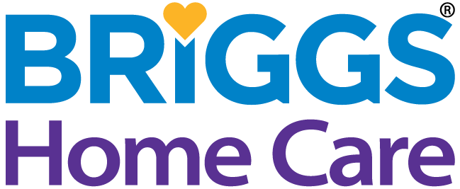 The official logo of Briggs Home Care, featuring bold blue and purple text with a heart icon above the letter "I"